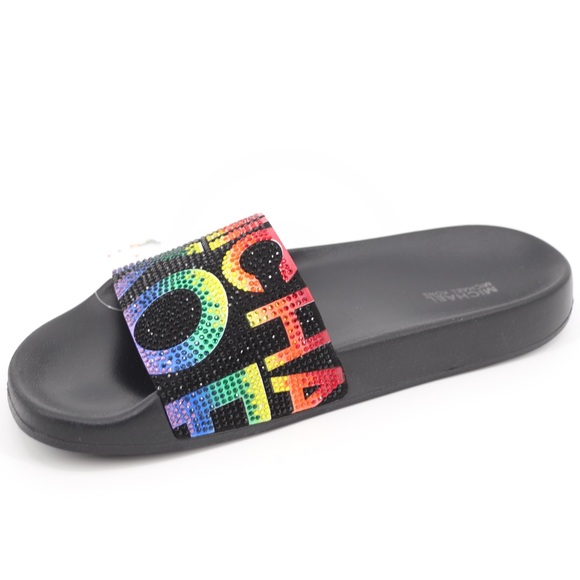 New Michael Kors 7 Gilmore Embellished Slide Sandals Black Multi - Picture 12 of 16